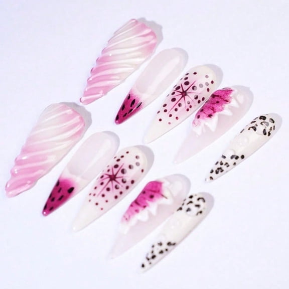 Handmade Long Stiletto Nails Ombre Dragon Fruit Color With Geometric 3D Design