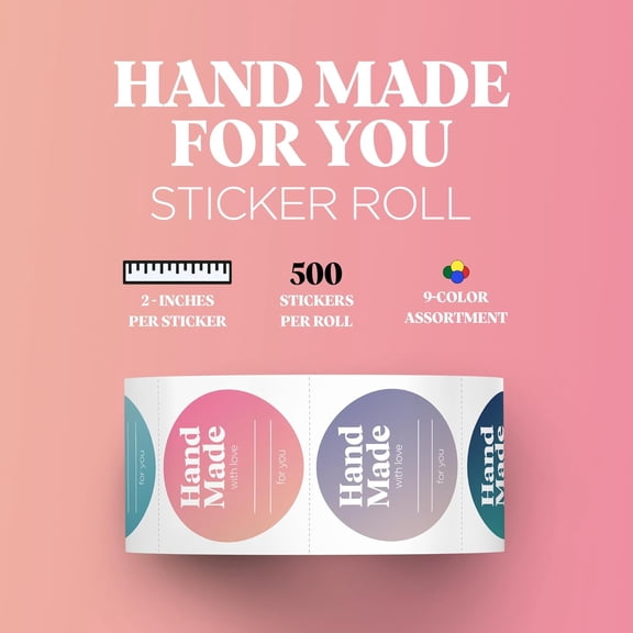 Handmade with Love Labels Roll | Colorful Gradient Design | 2 inch Round Cut | 500 Labels for Homemade Goods, Handmade Stickers, Soap Candle Canning Supplies