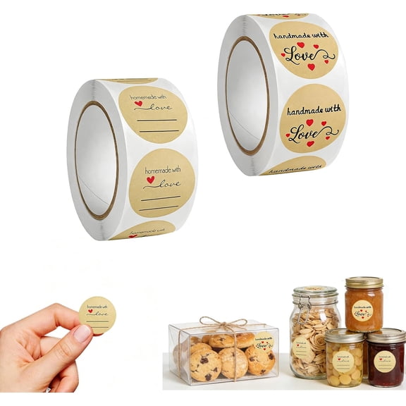 Handmade with Love Stickers Roll  Kraft Paper Self-Adhesive Labels for Homemade Goods, Canning, Baking Gifts, Small Business Packaging, 2 Rolls 1000 Pcs Total