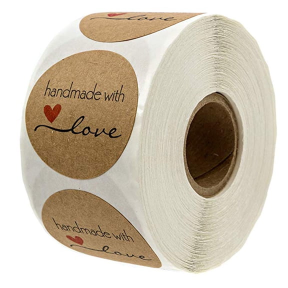 Handmade with Love Stickers, Roll of Stickers, Circle Stickers, 1.5 in Diameter, Kraft Paper, Holiday Baking Labeling, Gift Packaging, Red Heart Accent, 500 Pc