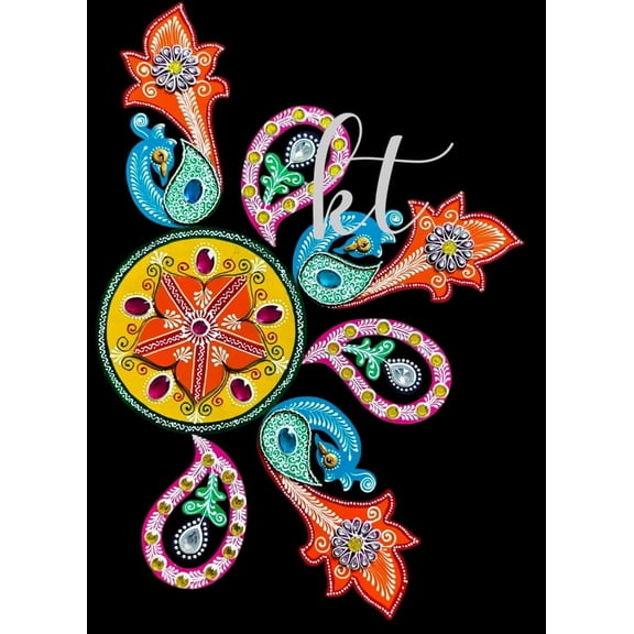 Handmade MDF Wooden Rangoli Set  Hand-Painted Emboss Work with Stones & Mirror | Reusable 7 Piece | Diwali Floor Decoration