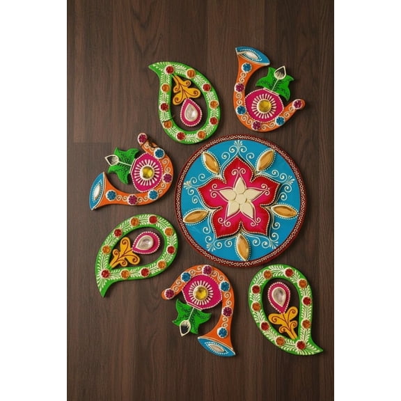 Handmade MDF Wooden Rangoli Set  Hand-Painted Emboss Work with Stones & Mirror | Reusable 7 Piece Festive Dcor | Diwali Floor Decoration