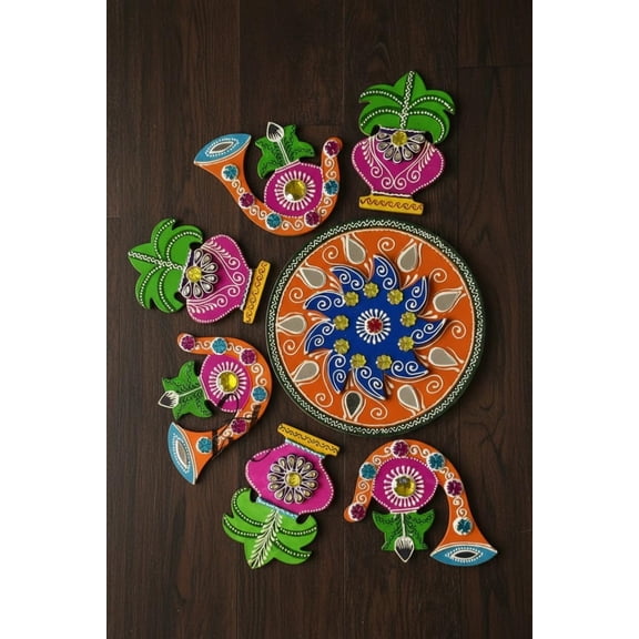 Handmade MDF Wooden multicolor kalash Rangoli Set  Hand-Painted Emboss Work with Stones & Mirror | Reusable 7 Piece Festive Dcor | Diwali Floor Decoration