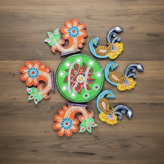 Handmade MDF Wooden multicolor peacock Rangoli Set  Hand-Painted Emboss Work with Stones & Mirror | Reusable 7 Piece Festive Dcor | Diwali Floor Decoration