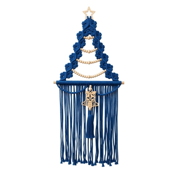 Handmade Macrame Christmas Tree Wall Hanging with Wooden Beads, Navy Blue Woven Tapestry for Home Holiday Decor, Christmas Decoration