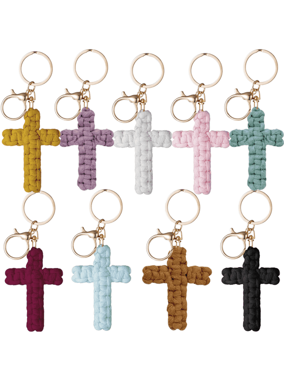 Handmade Macrame Cross Keychain 9-Pack Boho Cotton Cord Multi-Color Set Faith Car Key Ring Accessories