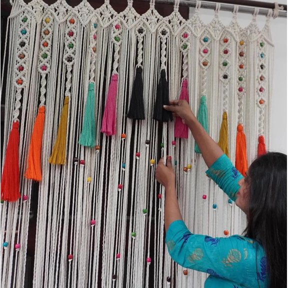 Handmade Macrame Curtain: Boho Window Decor with Colorful Tassels