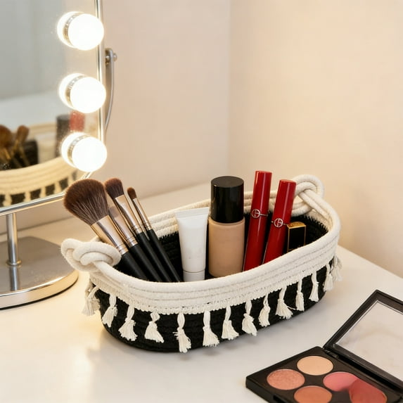Handmade Macrame Storage Basket with Tassels - Oval Twist Handle Woven Rope Basket for Boho Bedroom Bathroom Table Counter, Cosmetic Perfume Storage Organizer for Home Decor Use, 5*5*13in, F