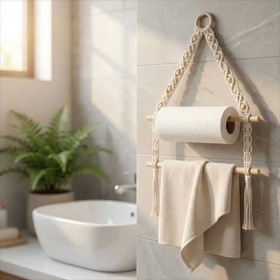 Handmade Macrame Towel Rack Wall Hanging, Boho Tissue Roll Holder with Wooden Rods, Woven Storage Organizer for Bathroom Kitchen Hotel Decor