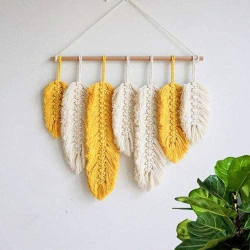 Handmade Macrame Wall Hanging Feather, Boho Wall Decor Yellow Woven Leaf Tassels, Cotton Ornaments Tapestry for Bedroom/Living Room.