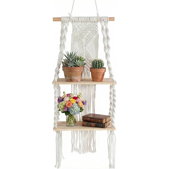 Handmade Macrame Wall Hanging Shelf 2 Tier, Boho Floating Woven Rope Decorative Storage Rack Organizer for Home Bedroom Bathroom Plants, Beige (Classic)