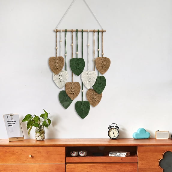 Handmade Macrame Wall Hanging with Leaves - Large Boho Cotton Yarn Tapestry Art Decor for Nursery, Bedroom & Living Room (Brown)