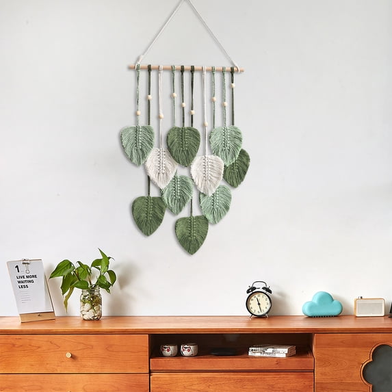 Handmade Macrame Wall Hanging with Leaves - Large Boho Cotton Yarn Tapestry Art Decor for Nursery, Bedroom & Living Room (JN)