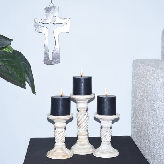 Handmade Mango Wood Eco-friendly Traditional Antique White Set Of Three 6",9" & 6" Pillar Candle Holder