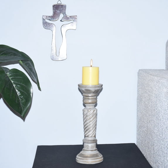 Handmade Mango Wood Eco-friendly Traditional Gray Wash Set Of One 12" Pillar Candle Holder