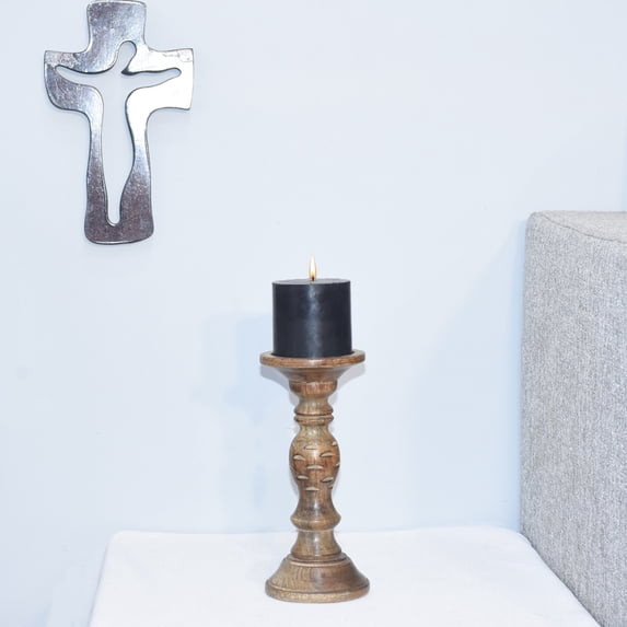 Handmade Mango Wood Eco-friendly Traditional Medium Burnt Set Of One 9" Pillar Candle Holder