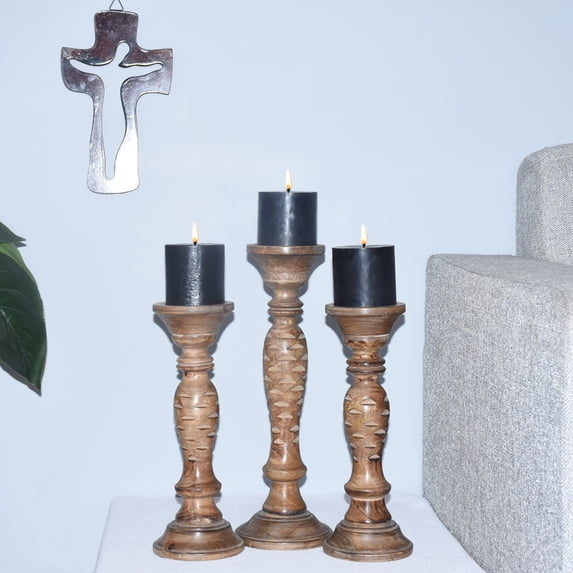 Handmade Mango Wood Eco-friendly Traditional Medium Burnt Set Of Three 12",15" & 12" Pillar Candle Holder