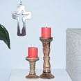 thumbnail image 1 of Handmade Mango Wood Eco-friendly Traditional Medium Burnt Set Of Two 6" & 12" Pillar Candle Holder, 1 of 7