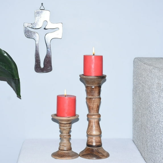 Handmade Mango Wood Eco-friendly Traditional Medium Burnt Set Of Two 6" & 12" Pillar Candle Holder
