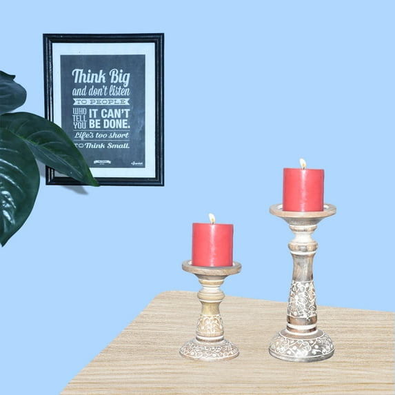 Handmade Mango Wood Eco-friendly Traditional White Wash Set Of Two 6" & 9" Pillar Candle Holder