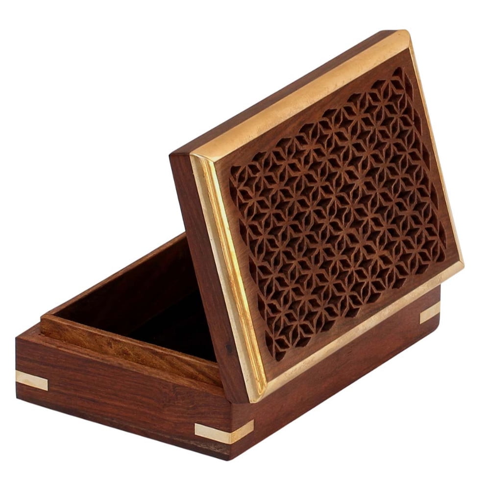 Handmade Mango Wood Jewelry Box Featuring Jali Work With Brass Inlays