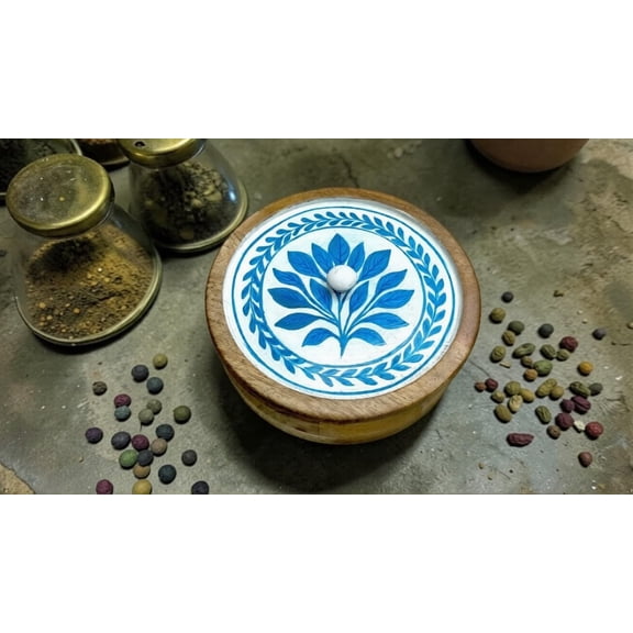 Handmade Mango Wood Spice Box with Resin Top | Hand-Painted Masala Box | Natural Polish Kitchen Organizer | Multipurpose Storage & Gift