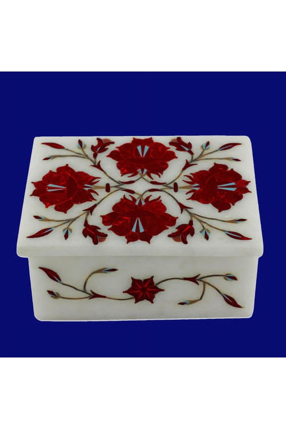 Handmade Marble Floral White Box Carnelian Stone Art Box Gifts