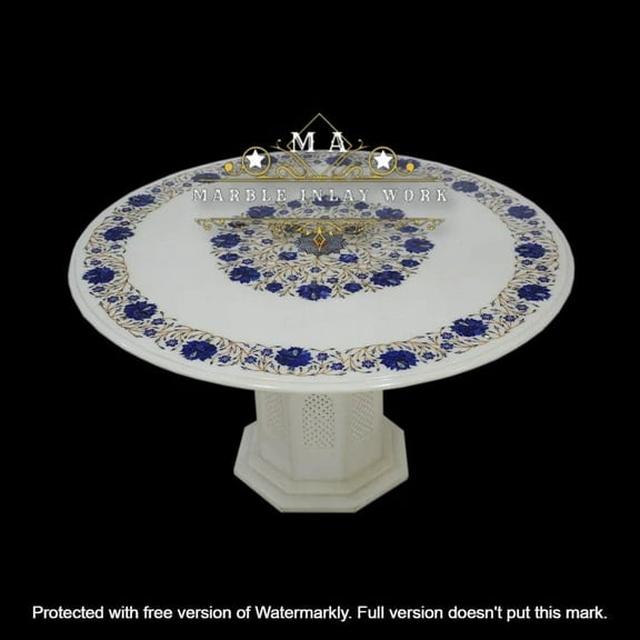 Handmade Marble Inlay Coffee Table with Lapis Stone and Lotus Flower Design – Exquisite Pietra Dura Art for Elegant Home Decor-36 Inch