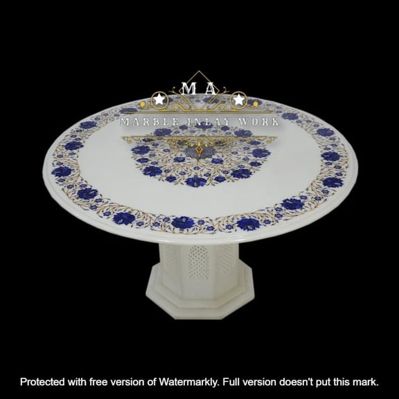 Handmade Marble Inlay Coffee Table with Lapis Stone and Lotus Flower Design – Exquisite Pietra Dura Art for Elegant Home Decor-40 Inch