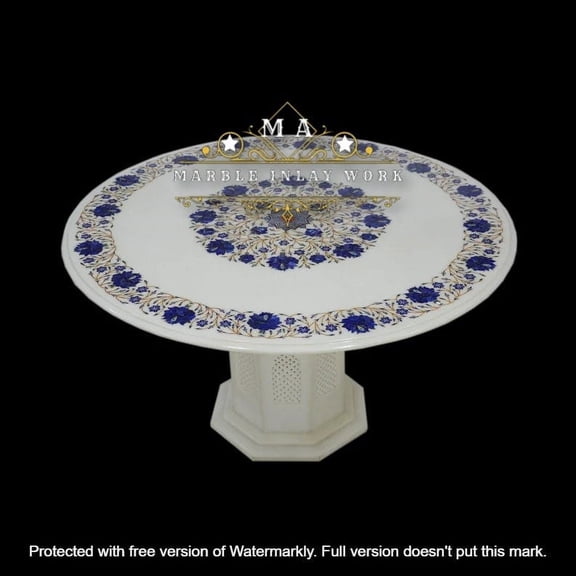Handmade Marble Inlay Coffee Table with Lapis Stone and Lotus Flower Design – Exquisite Pietra Dura Art for Elegant Home Decor-48 Inch