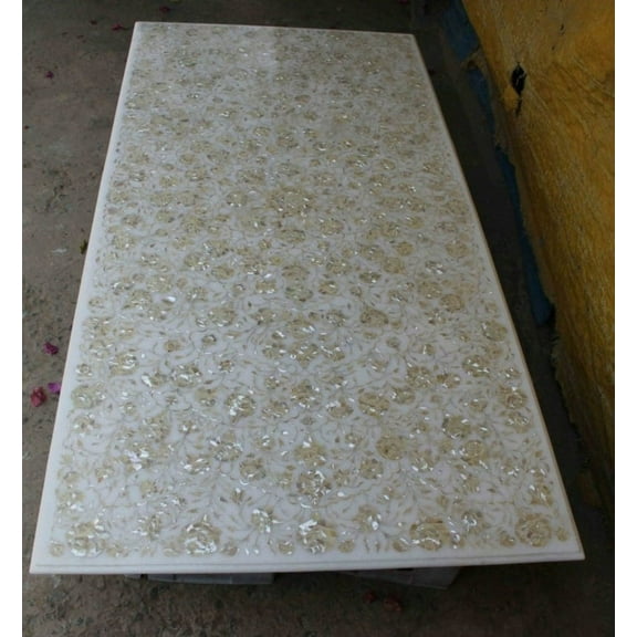 Handmade Marble Inlay Dining Table with Mother of Pearl Shell & MOP Floral Inlay, Marble Countertops, Coffee & Center Table Top Art-26x52 Inch
