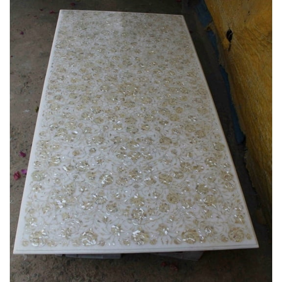 Handmade Marble Inlay Dining Table with Mother of Pearl Shell & MOP Floral Inlay, Marble Countertops, Coffee & Center Table Top Art-48x84 Inch