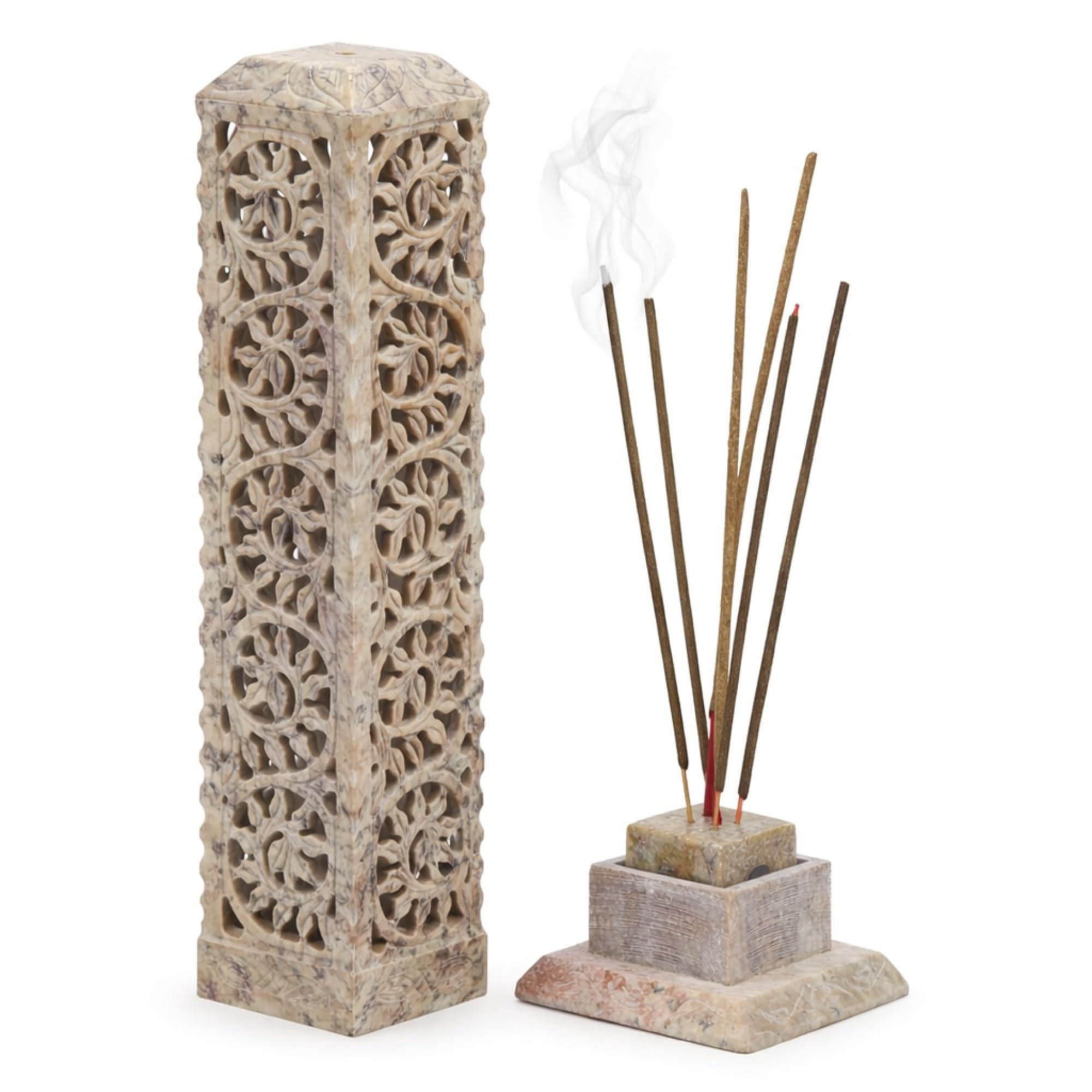 Handmade Marble Soapstone Incense Stick Burner | Candle Holder Tea Light Stand - Tower For Gifting. Decorative Home And Kitchen Decor (3 X 3 11 Inches)