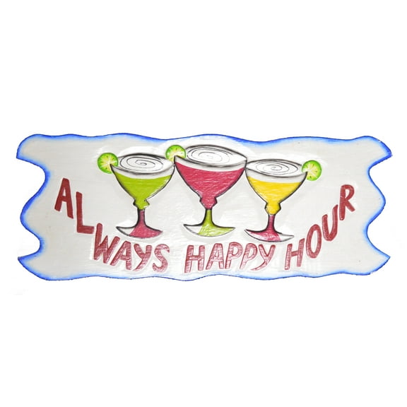 Handmade Margarita Wine Glasses Always Happy Hour Wood Beach Sand Tiki Bar Sign