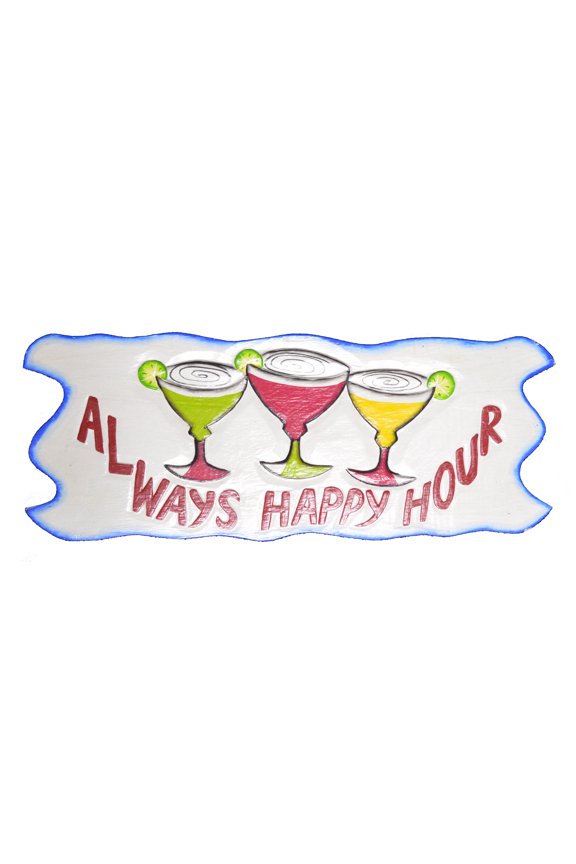 Handmade Margarita Wine Glasses Always Happy Hour Wood Beach Sand Tiki Bar Sign