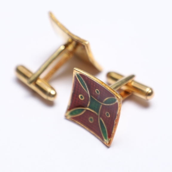 Handmade Maroon And Green Enamel Leaf Pattern Square Shape Sterling Silver Cufflinks | Elegant Cufflinks for Men