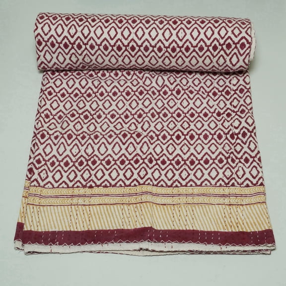 Handmade Maroon Geometric Block Print Indian Kantha Quilt, Soft Cotton Bedspread with Yellow Border,