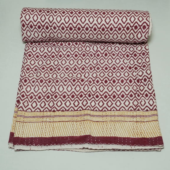 Handmade Maroon Geometric Block Print Indian Kantha Quilt, Soft Cotton Bedspread with Yellow Border,