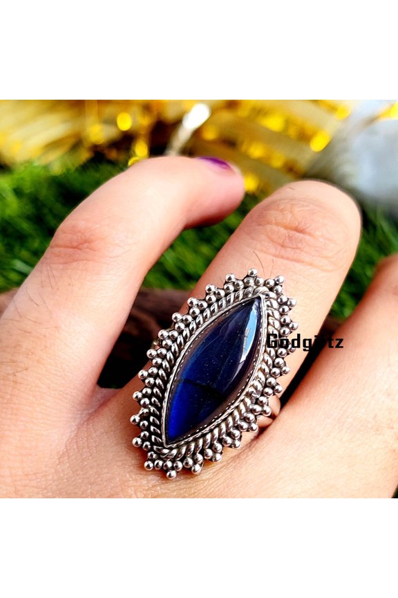 Handmade Marquise Labradorite Ring: Sterling Silver Boho Statement Ring