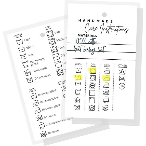 Handmade Material Care Instruction Cards  30 Pack  2 x 3" inches Tags  Handmade Care Cards  Material Care Instructions for Homemade Materials  White and Black Design