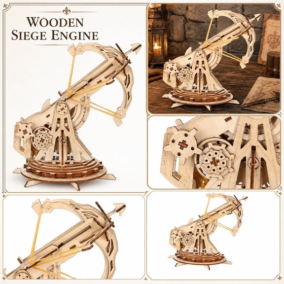 Handmade Mechanical Siege Crossbow 3D Assembly Model, Wooden Puzzle, Adult Puzzle, Craft Supplies for Adults, 8X7X8 Inch Laser Cut Wood Building Set with Rubber Band Powered