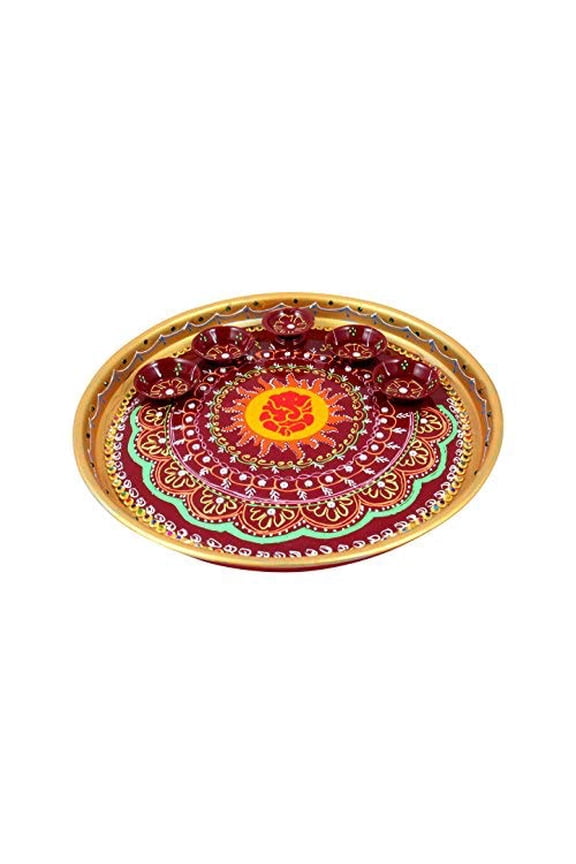 Handmade Meenakari Decorative Pooja Rakhi Thali Set with Kumkum Chandan Haldi Holder