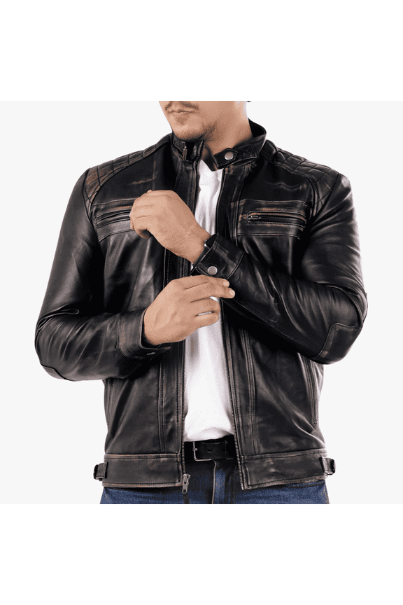 Handmade Mens Black Leather Jacket Café Racer Rider Slim Fit Jacket