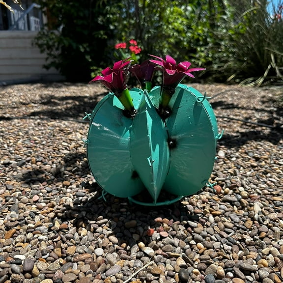Handmade Metal Bisnaga Cactus with Flowers - Garden Art Decor (Turquoise)