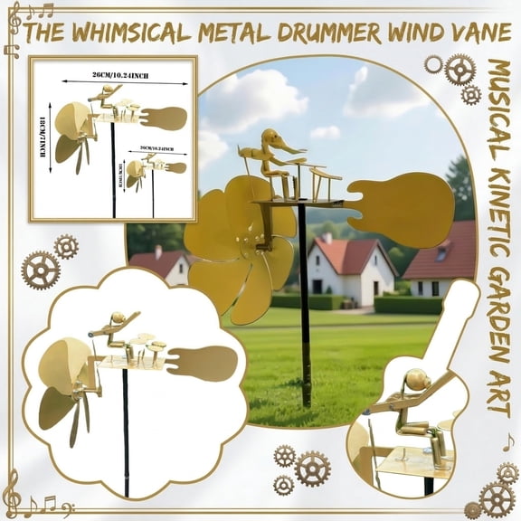 Handmade Metal Drummer Windmill, Musical Garden Sculpture, Wind-Powered Percussion Figurine, Outdoor Yard Art Decoration, 12 Inch