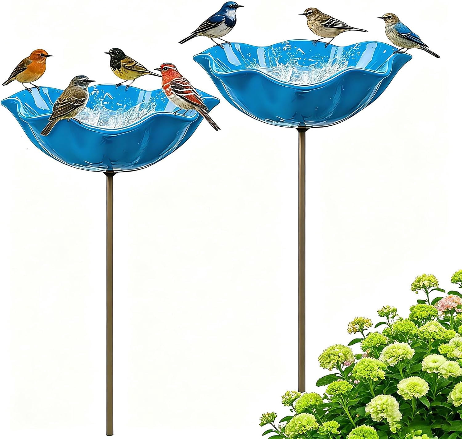 Handmade Metal Flower Garden Stake, 2 Pack Blue Glass Bird Baths with Flower Design, Decorative Outdoor Bird and Bee Watering Station for Yard, Patio & Lawn, Attract Hummingbirds & Wild Birds & Bee