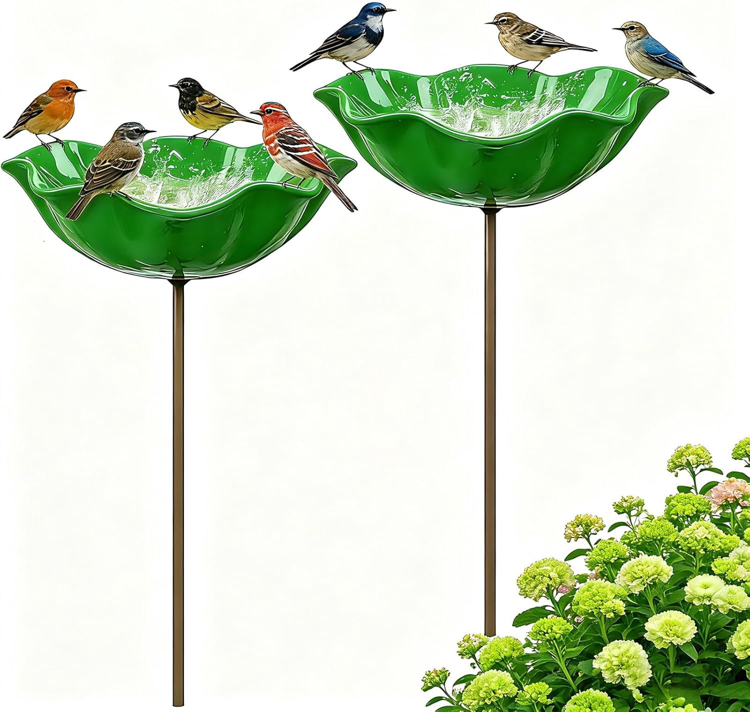 Handmade Metal Flower Garden Stake, 2 Pack Green Glass Bird Baths with Flower Design, Decorative Outdoor Bird and Bee Watering Station for Yard, Patio & Lawn, Attract Hummingbirds & Wild Birds & Bee