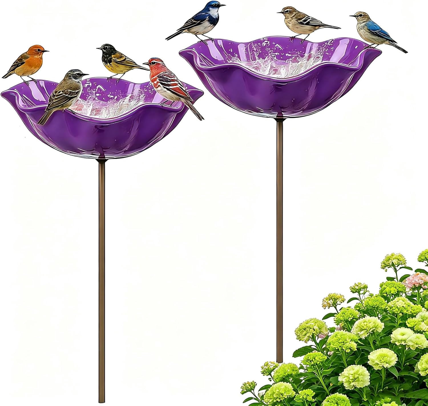 Handmade Metal Flower Garden Stake, 2 Pack Purple Glass Bird Baths with Flower Design, Decorative Outdoor Bird and Bee Watering Station for Yard, Patio & Lawn, Attract Hummingbirds & Wild Birds & Bee