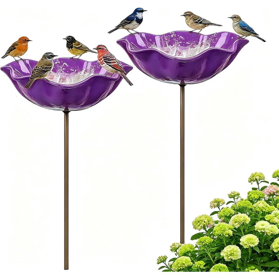 Handmade Metal Flower Garden Stake, 2 Pack Purple Glass Bird Baths with Flower Design, Decorative Outdoor Bird and Bee Watering Station for Yard, Patio & Lawn, Attract Hummingbirds & Wild Birds & Bee