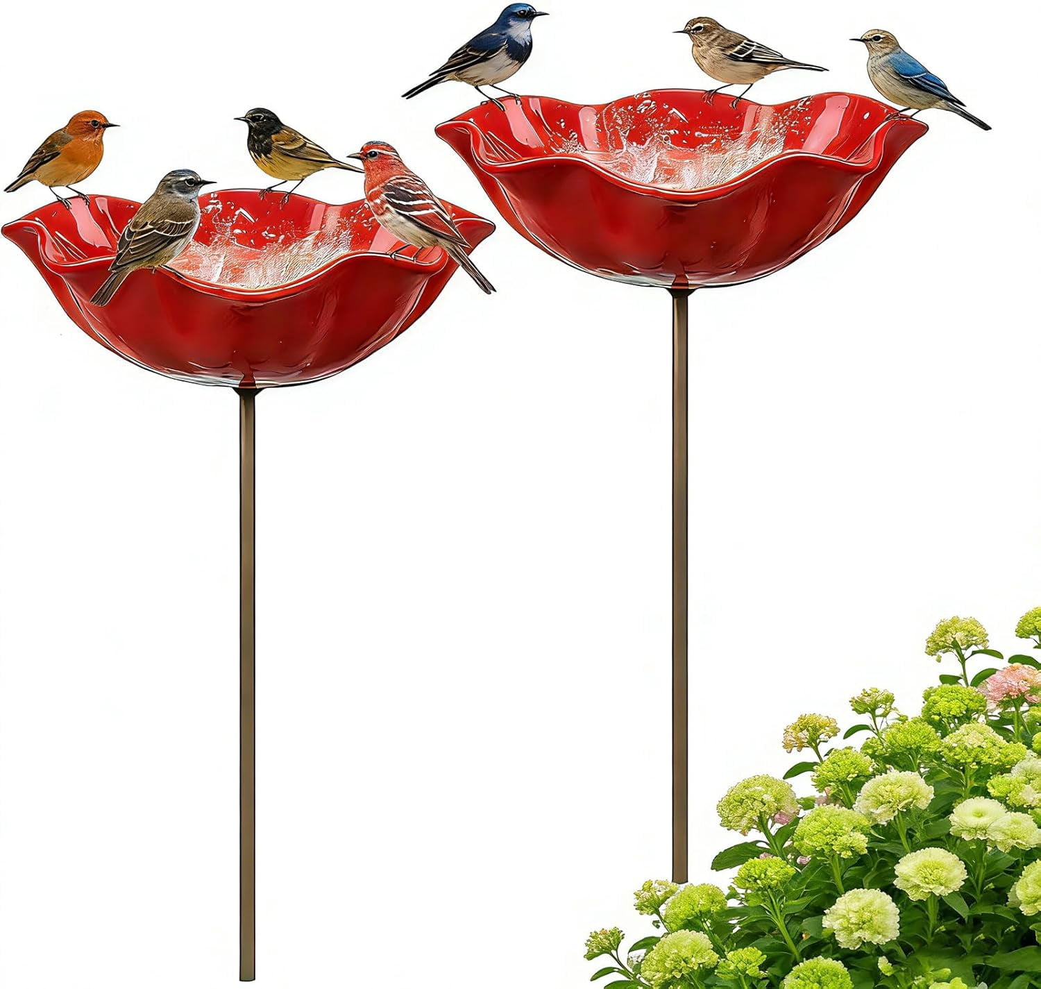 Handmade Metal Flower Garden Stake, 2 Pack Red Glass Bird Baths with Flower Design, Decorative Outdoor Bird and Bee Watering Station for Yard, Patio & Lawn, Attract Hummingbirds & Wild Birds & Bee